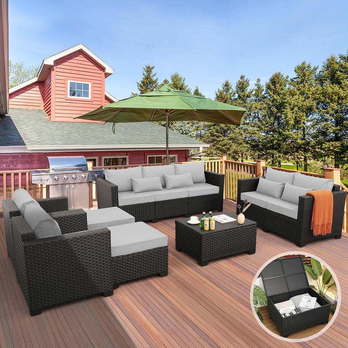 Rattaner Patio Furniture Sets 7 Pieces Outdoor Furniture Sectional Patio Couches Set with Storage Table Light Grey Cushions