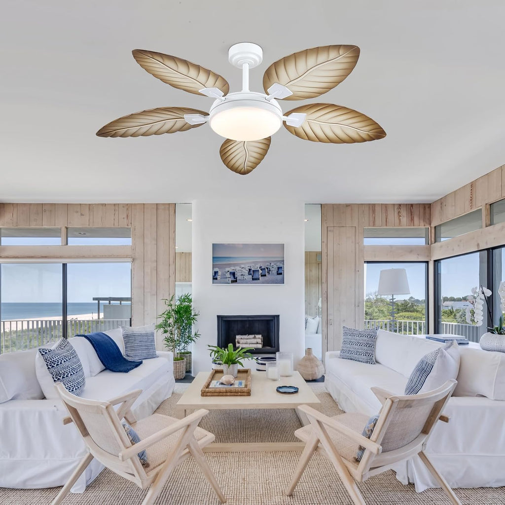 PHORUS 52" Palm Leaf Ceiling Fans with Lights, Outdoor Tropical Ceiling Fans with Remote for Patios Living Room, Dimmable, 6 Speeds, Reversible, Wood Grain