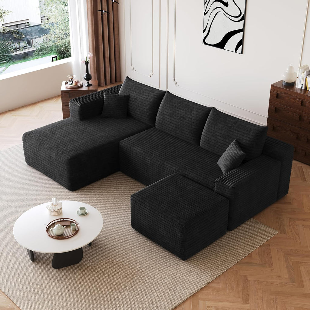 JINGLING 25.6 Inch Plush Corduroy Ottoman, Modular Sectional Foot Rest for Living Room, Upholstered Cloud Ottoman for Boneless Couch in a Box, Compressed Memory Foam, No Assembly Require, Black
