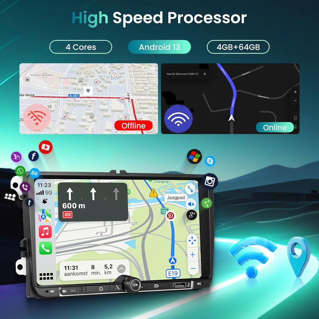 Hodozzy 4G+64G Radio for Volkswagen VW Jetta Passat Golf Beetle Polo Caddy Tiguan Touran for SEAT for Skoda with Wireless CarPlay Android Auto, 9 Inch Car Radio with Bluetooth,GPS,WiFi,Camera