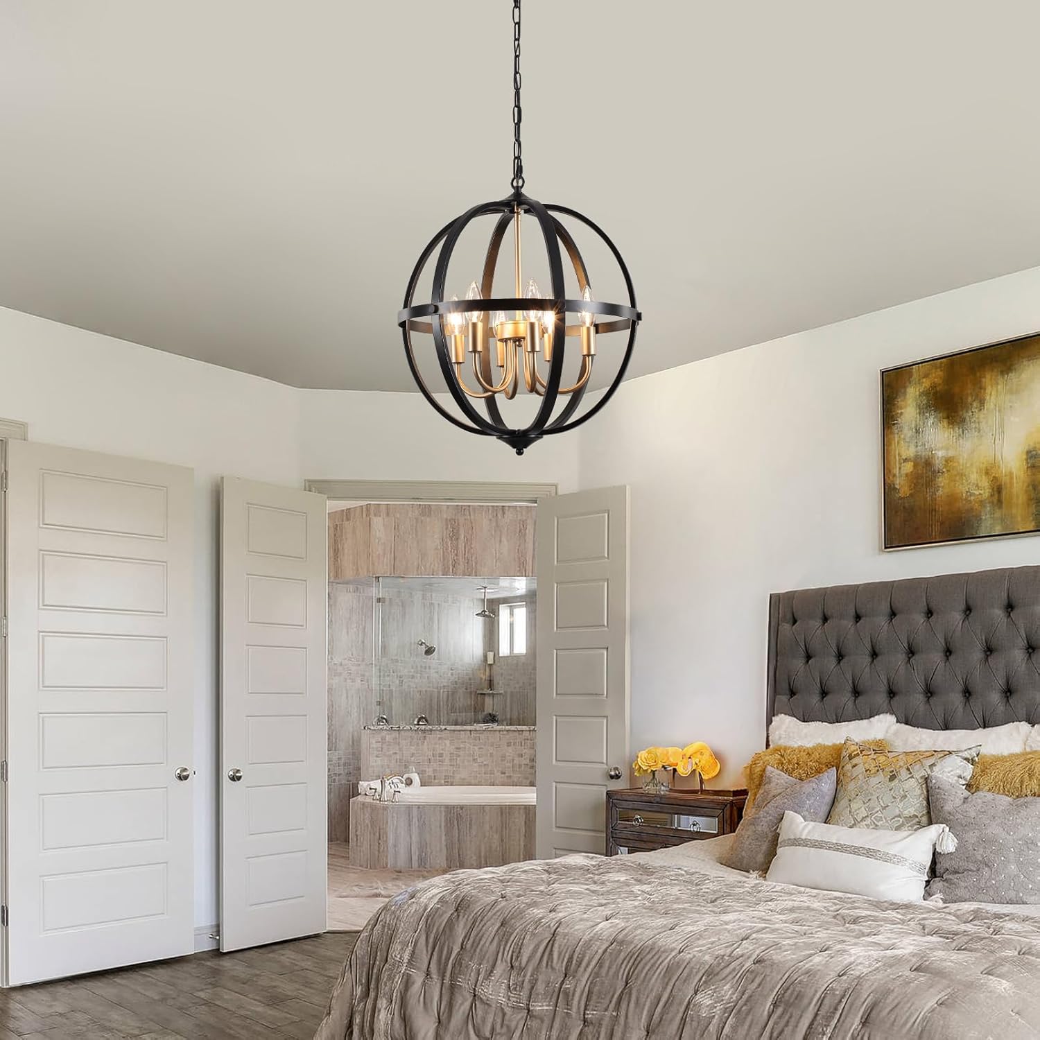 17.12'' Black and Gold Chandelier for Dining Room, 6-Light Modern Farmhouse Globe Chandelier, Metal Industrial Orb Pendant Light Adjustable Entryway Light Fixture for Kitchen Island Foyer