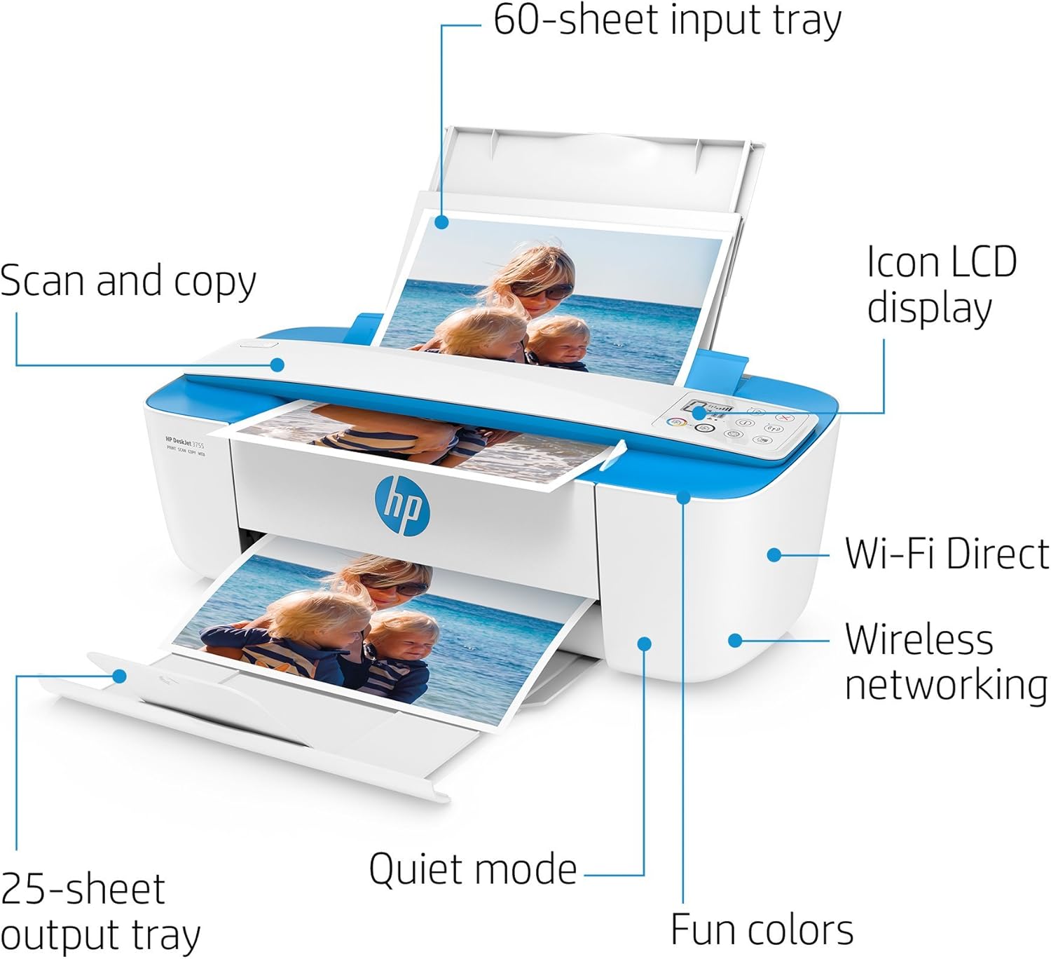 HP DeskJet 3755 Compact All-in-One Wireless Printer with Mobile Printing, HP Instant Ink & Amazon Dash Replenishment ready - Blue Accent (J9V90A) (Renewed)