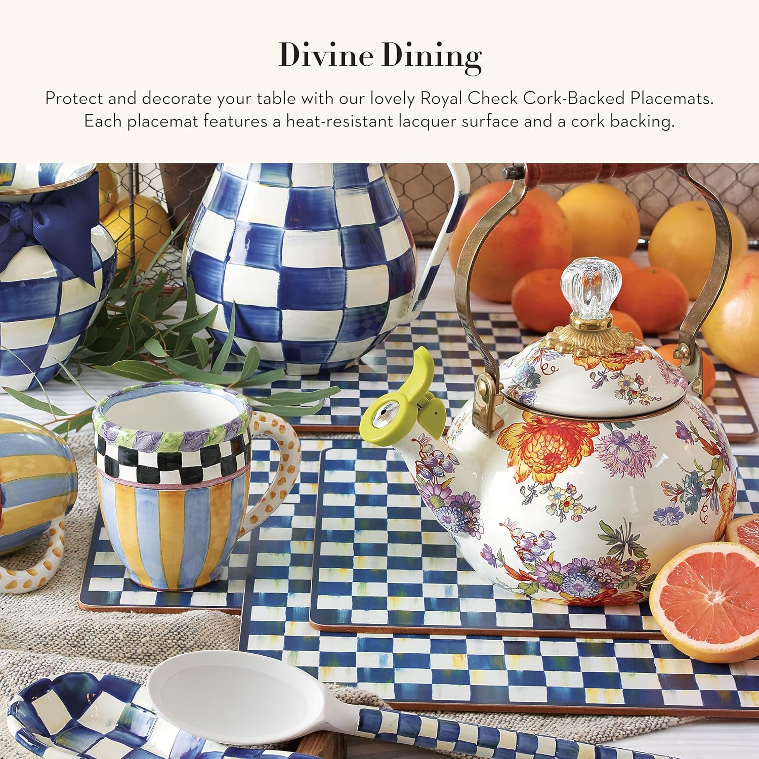 MACKENZIE-CHILDS Set of 4 Cork-Back Placemats, Hard-Finish Table Mats, Blue-and-White Royal Check