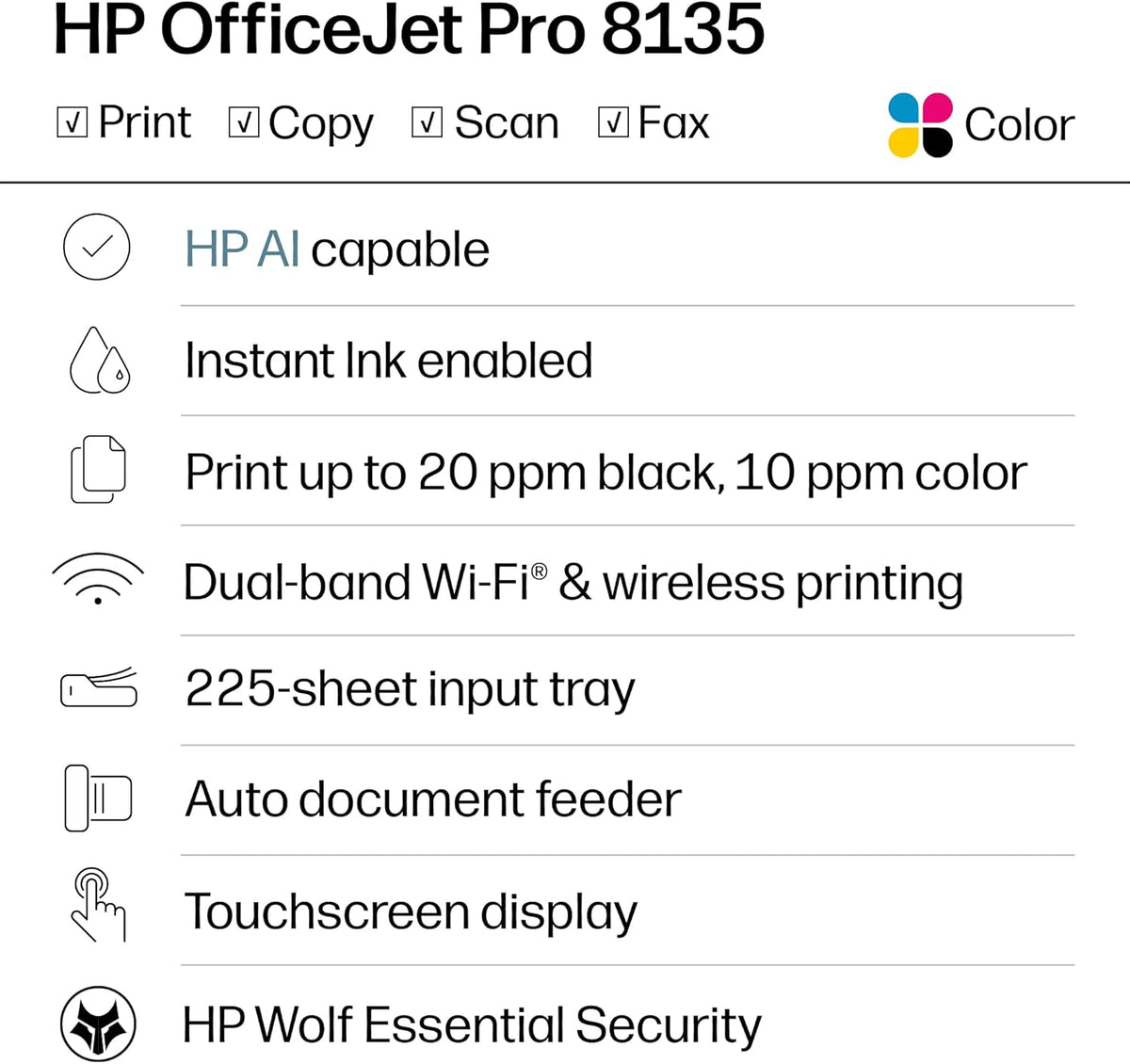 HP OfficeJet Pro 8135 Wireless All-in-One Color Inkjet Printer, Print, Scan, Copy, Fax, ADF, Duplex Printing Best-for-Home-Office, 3 Month Trial of Instant Ink Included, AI-Capable (C2VK1A)