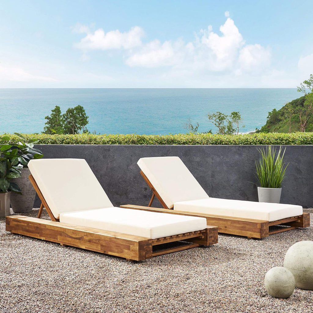 Christopher Knight Home Tory Acacia Wood Chaise Lounge Chair Outdoor Set of 2, Adjustable Backrest Sun Lounger Recliner, Patio Outdoor Chaise Lounge with 4" Thick Water-Resistant Cushions, Teak+Cream