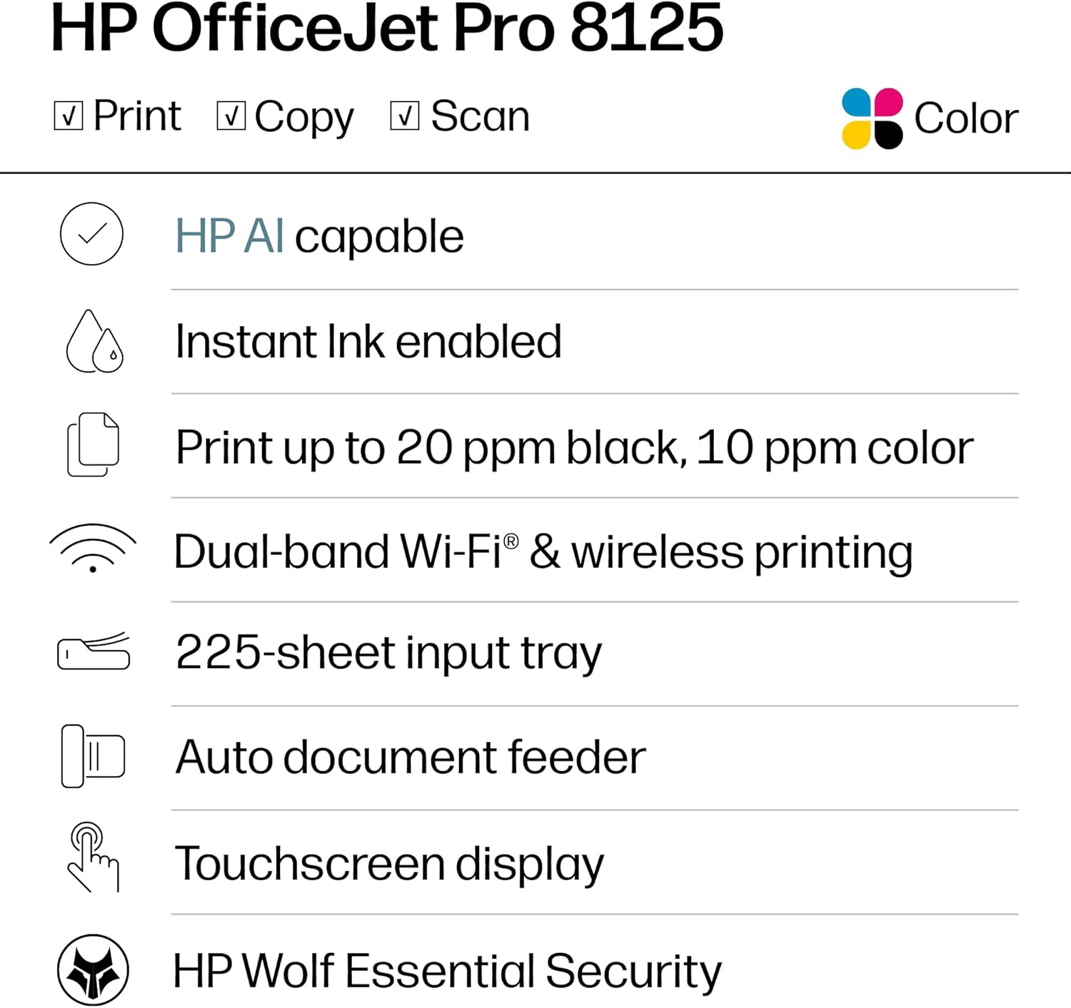 HP OfficeJet Pro 8125 Wireless All-in-One Color Inkjet Printer, Print, Scan, Copy, ADF, Duplex Printing Best-for-Home Office, 3 Month Trial of Instant Ink Included, AI-Capable (C2VJ4A)