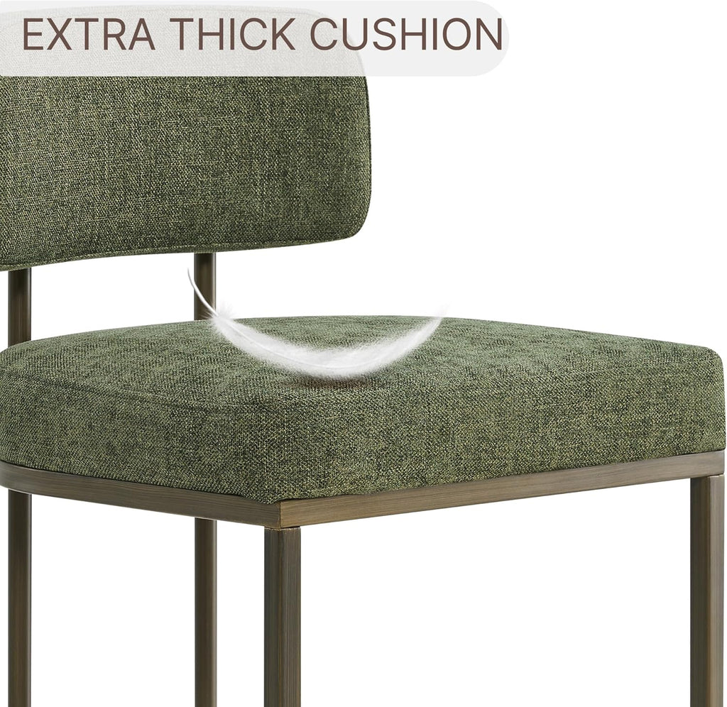 26" H Counter Height Bar Stools Set of 3, Modern Linen Fabric Upholstered Barstools with Backrest for Kitchen Island, Gold Metal Frames, Green