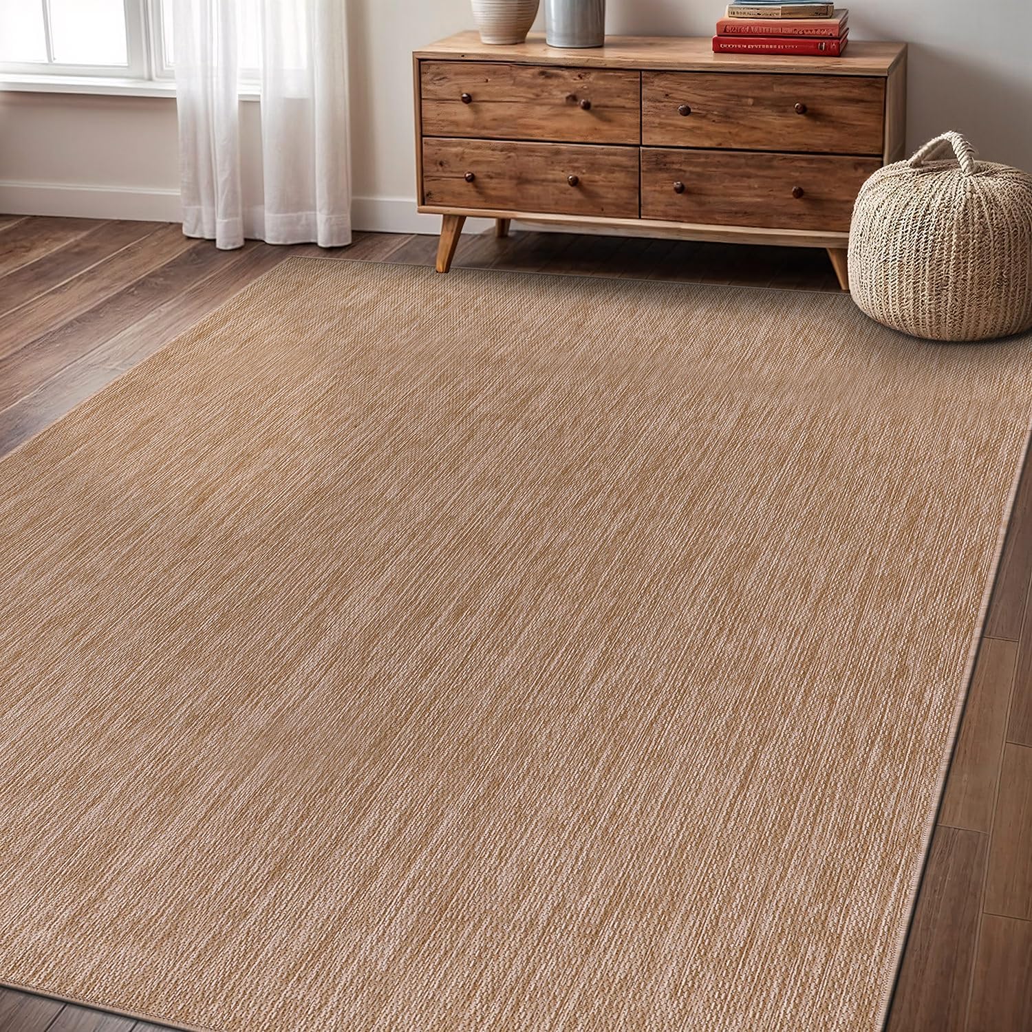 Washable Indoor Outdoor Rug 10x14 Weather Resistant Area Rugs Modern Solid Jute Rug for Porch Deck Balcony Backyard Patio Outside Carpet (10 X 14 Jute Beige)