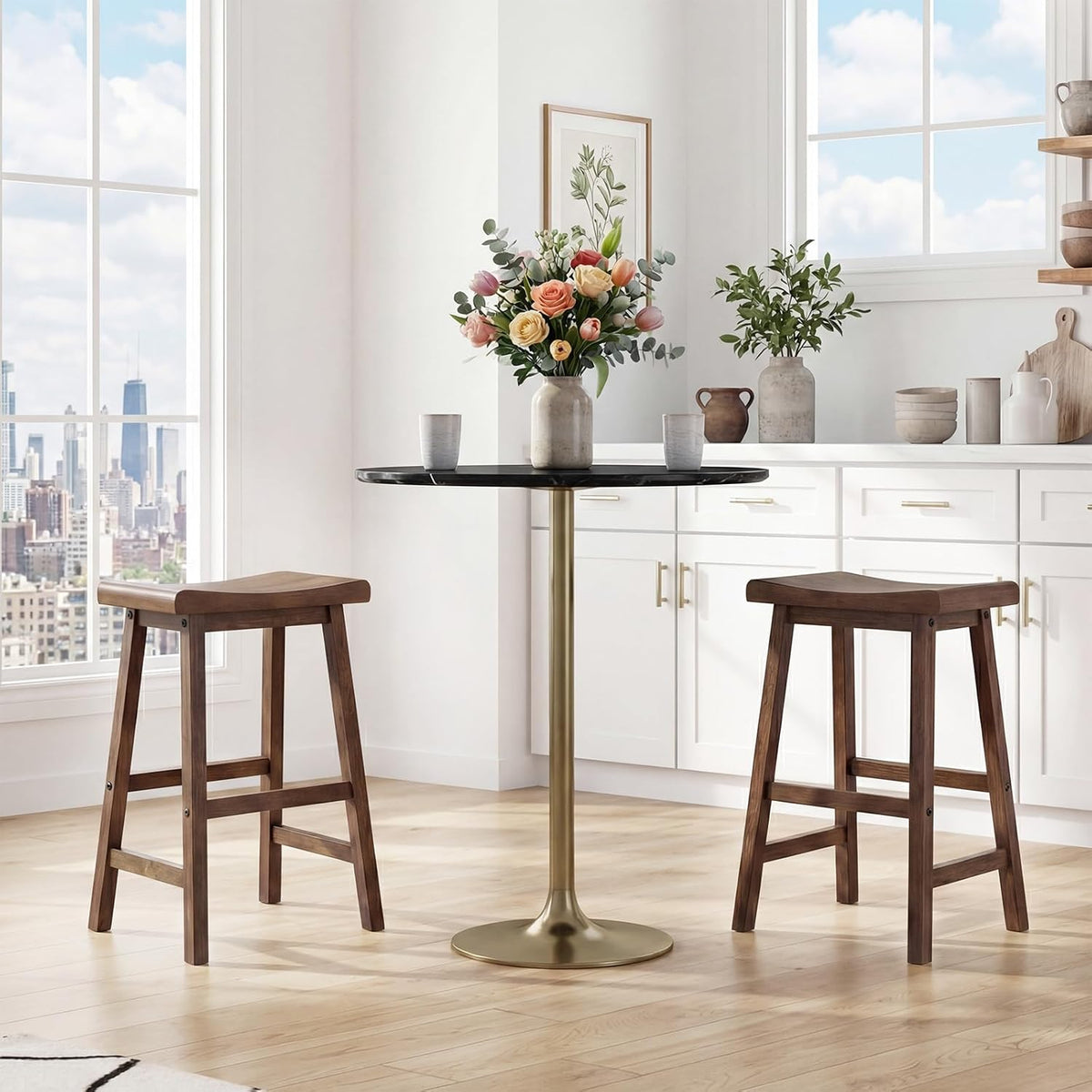 COSTWAY Solid Wood Saddle Stools Set of 4, 24-inch Height Backless Counter Chairs with Footrests, Mid-Century Modern Wooden Barstools for Kitchen Island Dining Room Pub Bistro Bar, Brown