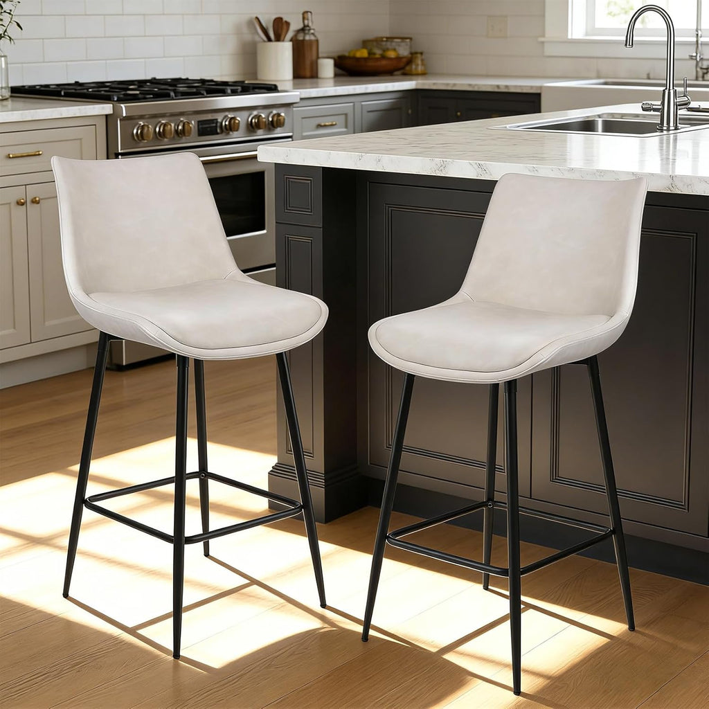 Counter Height Bar Stools Set of 3, FSC Certified Upholstered Faux Leather Barstools with Back, Metal Base, 27" Seat Height, Modern Upholstered Counter Stools for Kitchen Island,(Beige