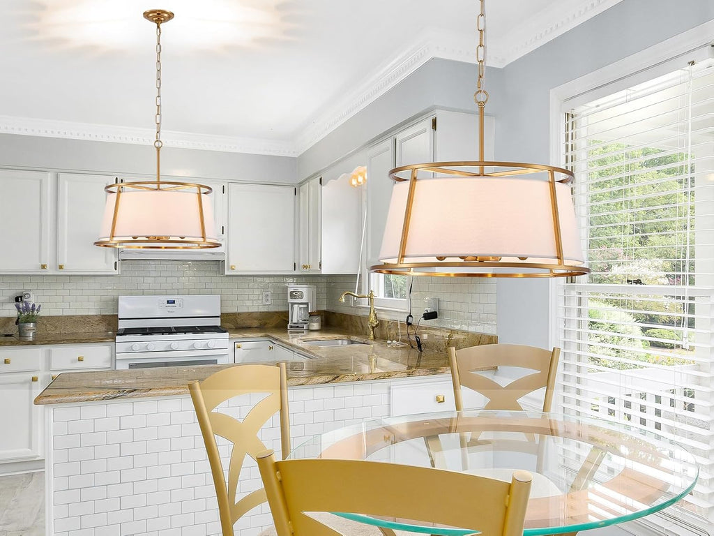 Shrine Lighting Drum Chandeliers, Modern Style, Perfect Pendant Light Fixture for Dining Room, Living Room, D20'' x H9'', Adjustable Chains 59'', E12*4 Sockets, White Lampshade & Brass Finish Frame