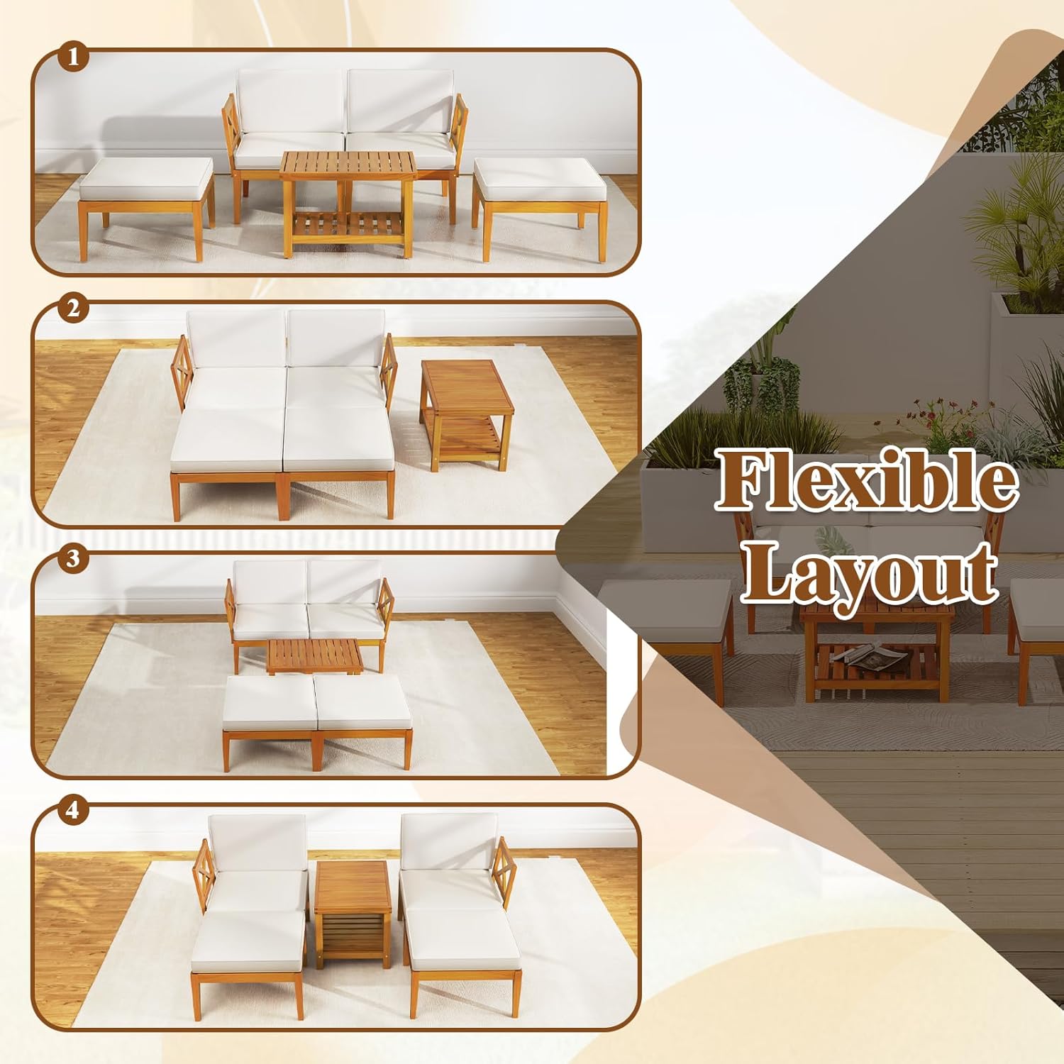HAPPYGRILL 5 Pieces Acacia Wood Patio Chaise Lounge Chair Set with Ottoman, Outdoor Patio Furniture Set with Cushions and 2-Tier Coffee Table, Outdoor Sectional Conversation Sofa Set for Garden