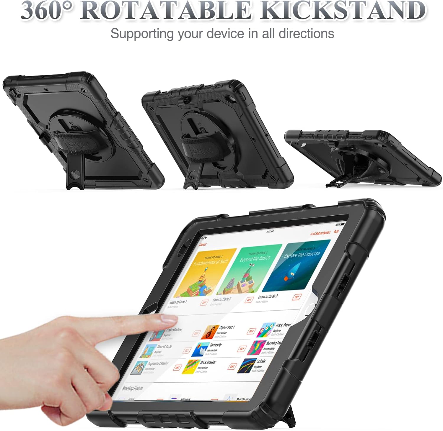 SEYMAC stock Case for iPad 9th/ 8th/ 7th Generation 10.2'', Shockproof with Screen Protector, Pencil Holder 360° Rotating Hand Strap & Stand, for iPad 10.2 inch 2021-2019 (Black)