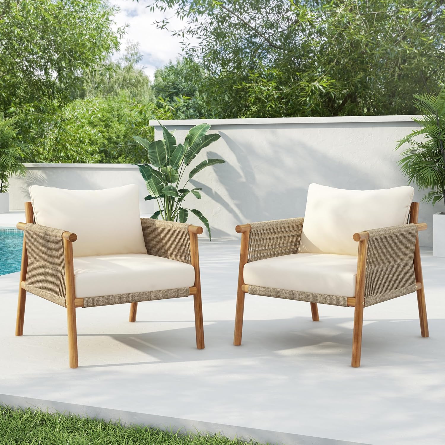 Christopher Knight Home Posey Acacia Wood Lounge Chair Outdoor Set of 2 with Removable Cushion, Solid Wood Patio Accent Chair, Patio Furniture Set Sofa Chair, Teak+Beige