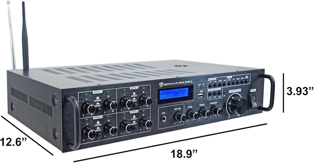 Rockville Rock Zone 8 1000W RMS 8-Channel 8-Zone Amplifier, Bluetooth, USB, Optical/Coaxial/RCA Inputs, Mic/FM, Rack-Mountable, for Multi-Room Home or Commercial Audio