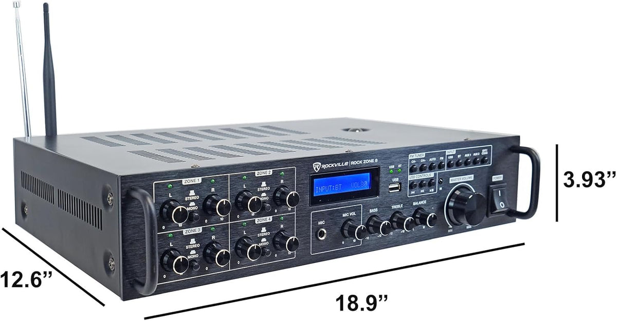 Rockville Rock Zone 8 1000W RMS 8-Channel 8-Zone Amplifier, Bluetooth, USB, Optical/Coaxial/RCA Inputs, Mic/FM, Rack-Mountable, for Multi-Room Home or Commercial Audio