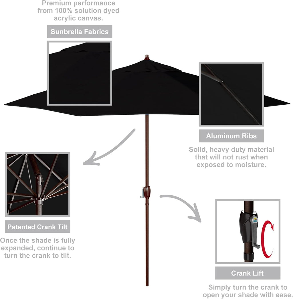 California Umbrella 12-Year Protection 9-Ft Outdoor Patio Umbrella, Sunbrella Fade-Resistant Acrylic Fabric, Auto Tilt and Crank, Heavy-Duty Aluminum Frame/ Reinforced Ribs, Bronze Pole, Black