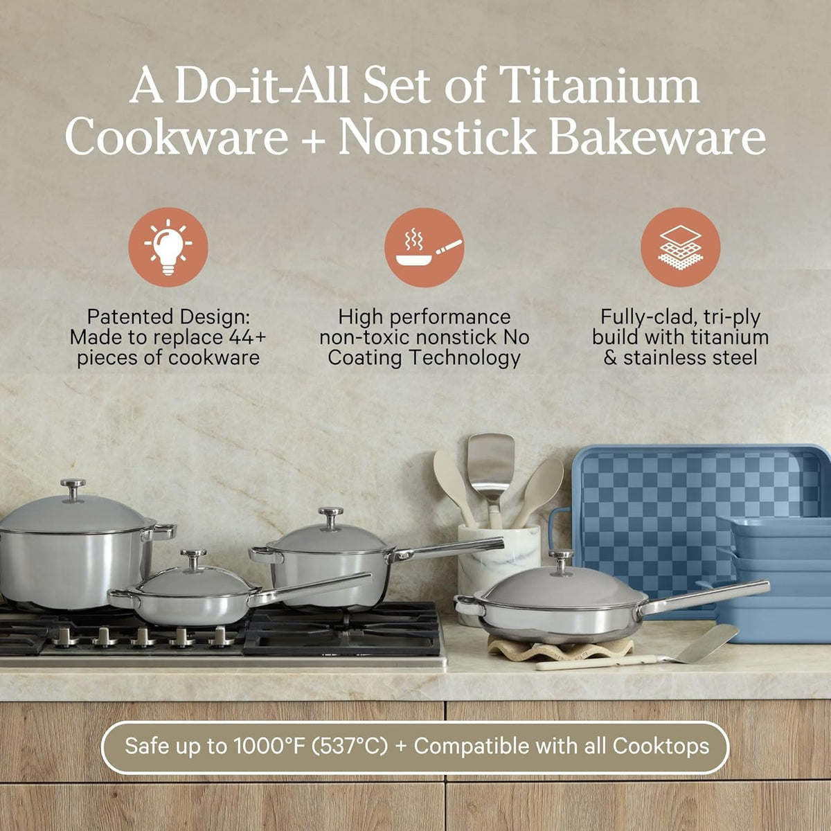 Our Place 15-Piece Titanium Pro Cookware & Bakeware Set | Tri-Ply Titanium & Stainless Steel Nonstick Fry Pans & Pots | Ceramic Nonstick Bakers & Griddle Pan | Non-toxic, PFAS-Free | Blue Salt