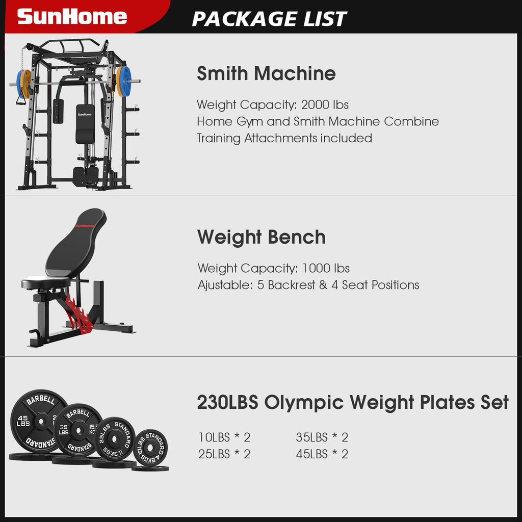 SunHome Smith Machine, Power Cage Squat Rack with Smith Bar, LAT Pull-Down Systems, Cable Crossover Machine and Cable Attachment for Home Gym
