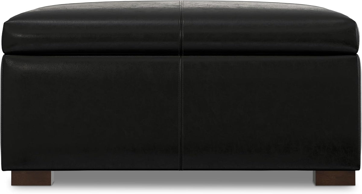 SIMPLIHOME Gabbie Storage Ottoman - 48 inch Wide Upholstered Vegan Leather Rectangle Storage Ottoman Bench in Midnight Black, Contemporary Ottoman for Living Room with Lift-Up Lid