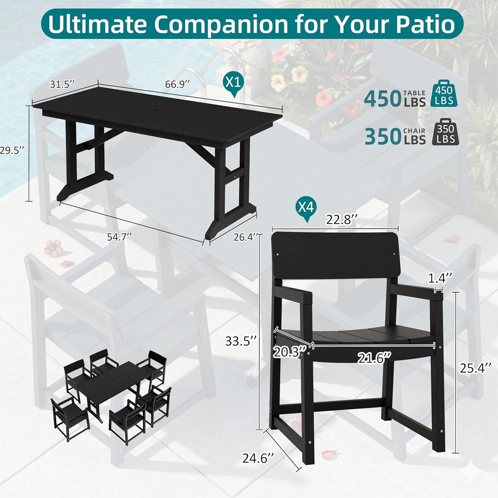 JAMFLY 7 Piece Outdoor Dining Set, All Weather Patio Table and Chairs for Backyard Garden Deck Lawn Pool, Sturdy All Weather Outdoor Furniture Set with Umbrella Hole, Black
