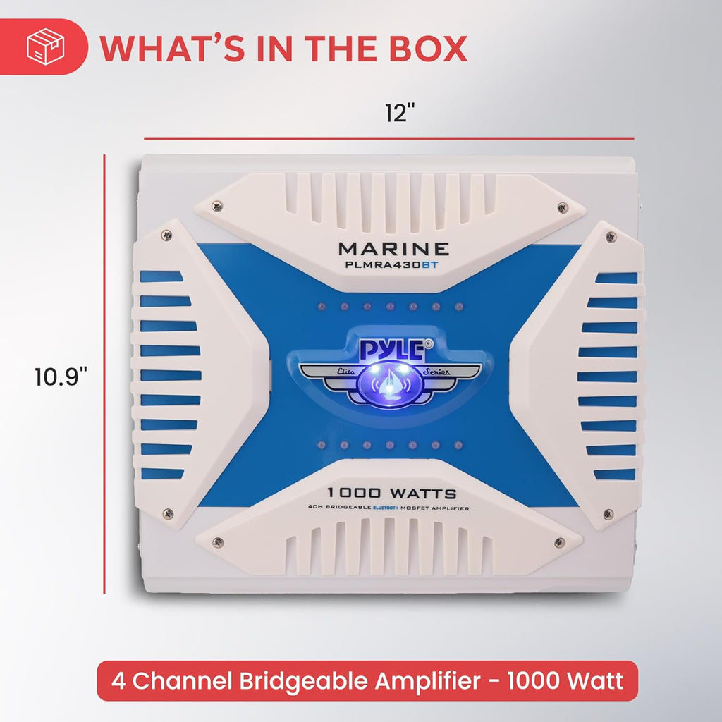 2.1 Bluetooth Marine Amplifier Receiver - Waterproof 4 Channel Wireless Bridgeable Audio Amp for Stereo Speaker with 1000 Watt Power Dual MOSFET Supply, GAIN Level and LED Indicator - Pyle PLMRA430BT