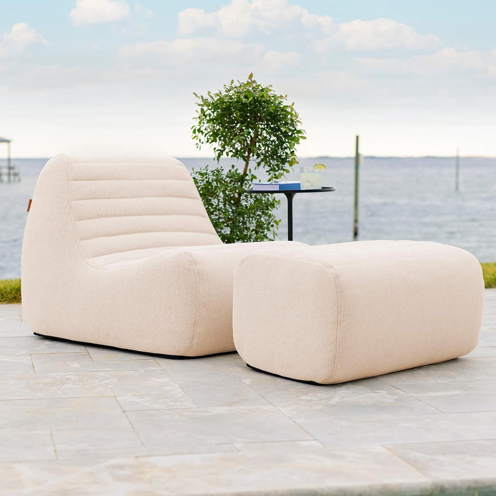 Big Joe Solvana Outdoor Lounge Chair and Ottoman, 2 Piece Patio Furniture Set, Performance Linen Weather-Resistant Fabric, Sunlit Cream