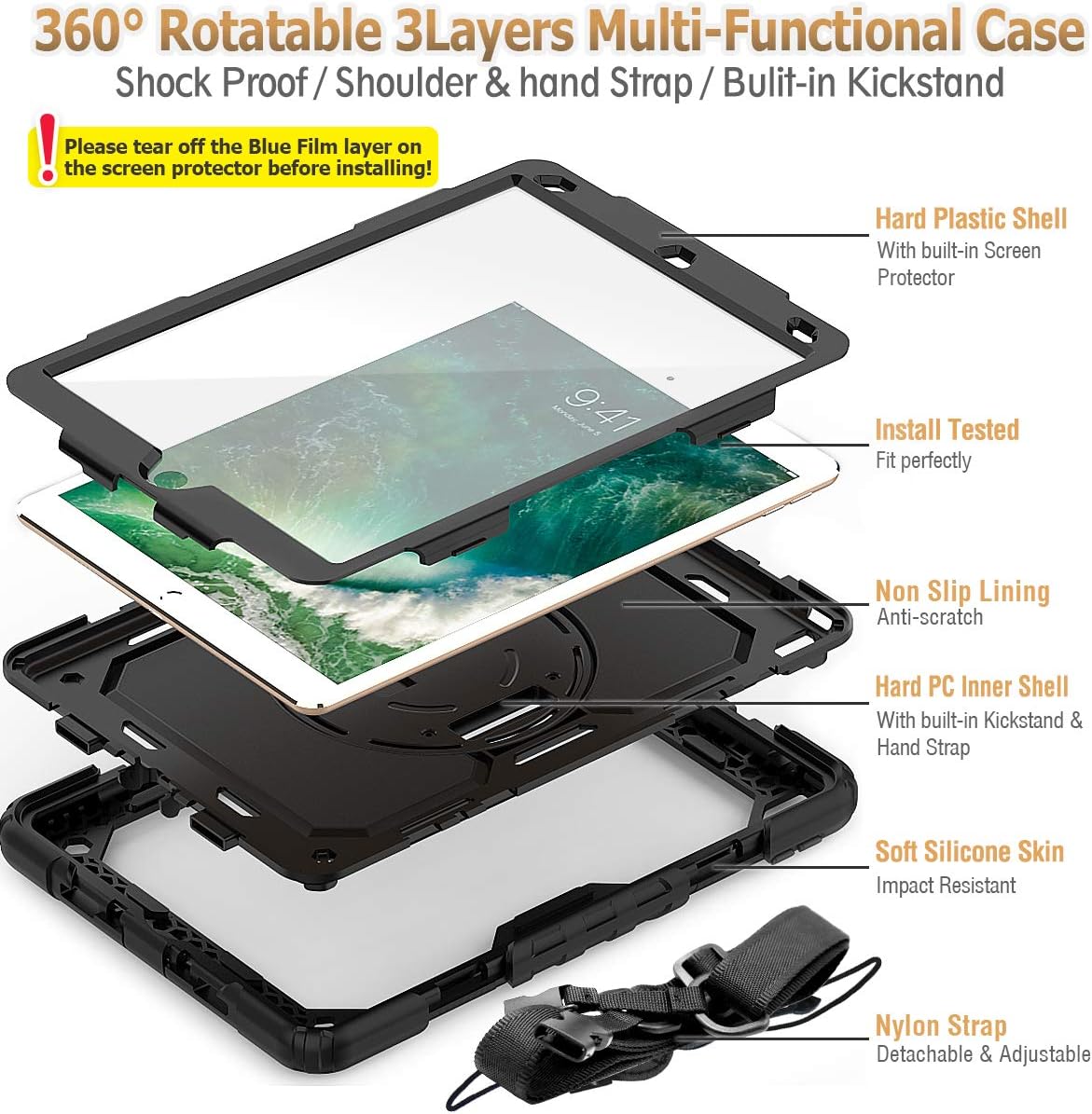 SEYMAC stock Case for iPad Air 3 2019 / Pro 10.5'' with Screen Protector Pen Holder 360° Rotate Hand Strap/Stand, Drop-Proof Case (Black)