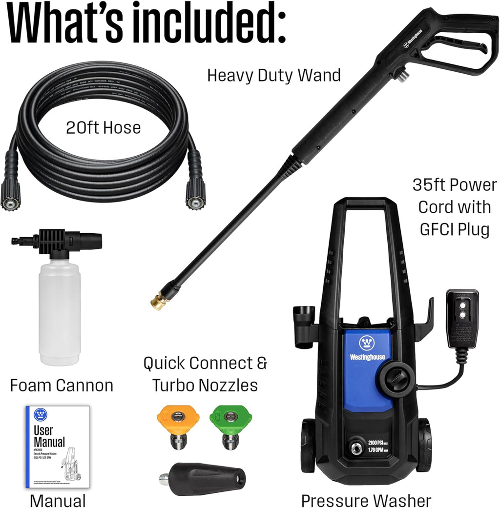 Westinghouse ePX3050 Electric Pressure Washer, 2100 Max PSI 1.76 Max GPM with Foam Cannon and Turbo Nozzle, for Cars/Fences/Driveways/Home/Patios