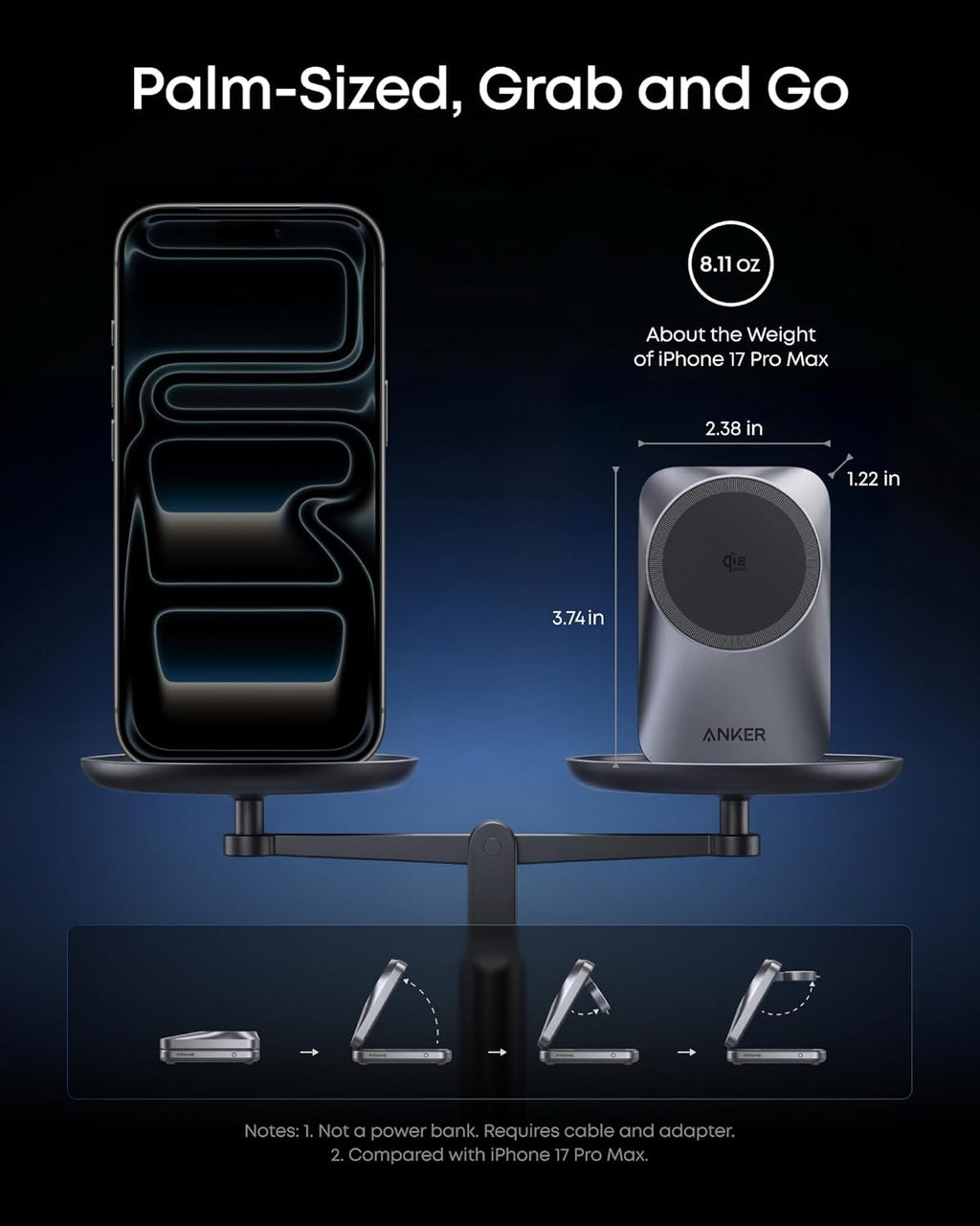 Anker Prime 3-in-1 Charging Station, AirCool Wireless Charger, 25W Qi2.2-Certified Palm-Sized Foldable MagSafe Charger Compatible with iPhone 17, Apple Watch, AirPods (Non-Battery, with Adapter)