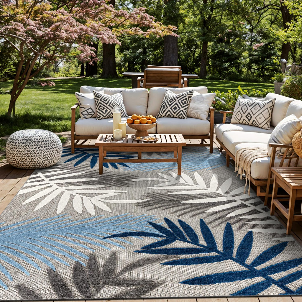 Rugshop Indoor/Outdoor Palm Leaf Area Rug, Non-Shedding Easy-Care Design for Backyard, Deck and Outdoor Lounge, Blue, 10' X 14'