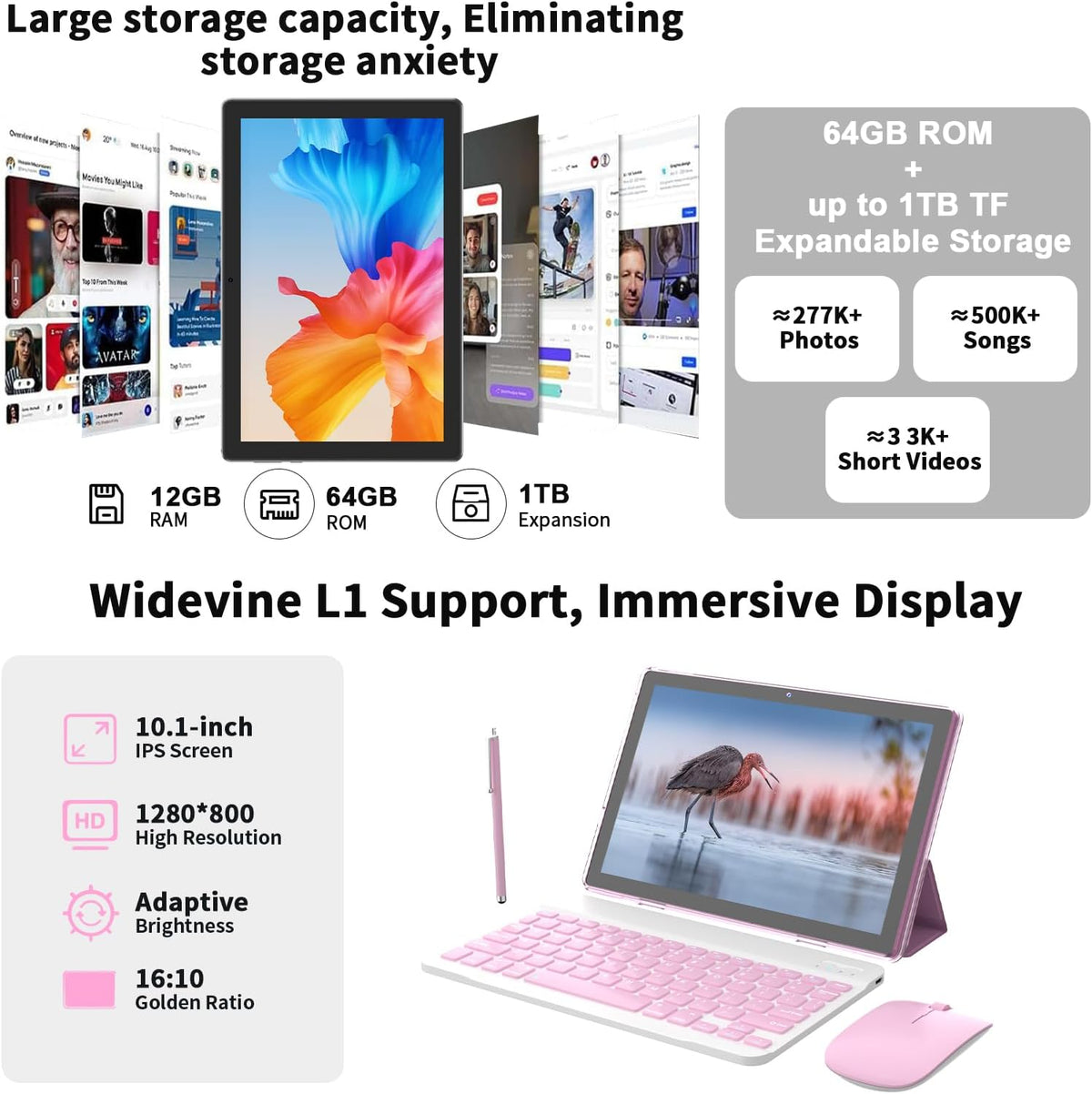 Android 16 Tablet 10 Inch, 12(3+9) GB RAM+64GB ROM, 2 in 1 Tablets with Keyboard Case Mouse Stylus, 2.0GHz Five-core Processor, 1280 * 800 IPS HD Screen, 5G WiFi6 BT 5.3 Tableta PC(Pink)