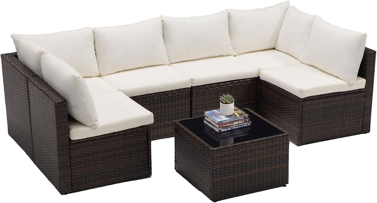 Sweetcrispy 7-Piece Outdoor Patio Sectional Sofa, Modular PE Wicker Outdoor Sectional with Thick Cushions, Rattan Patio Sofa Set with Coffee Table for Backyard, Poolside, Garden, Deck, Brown