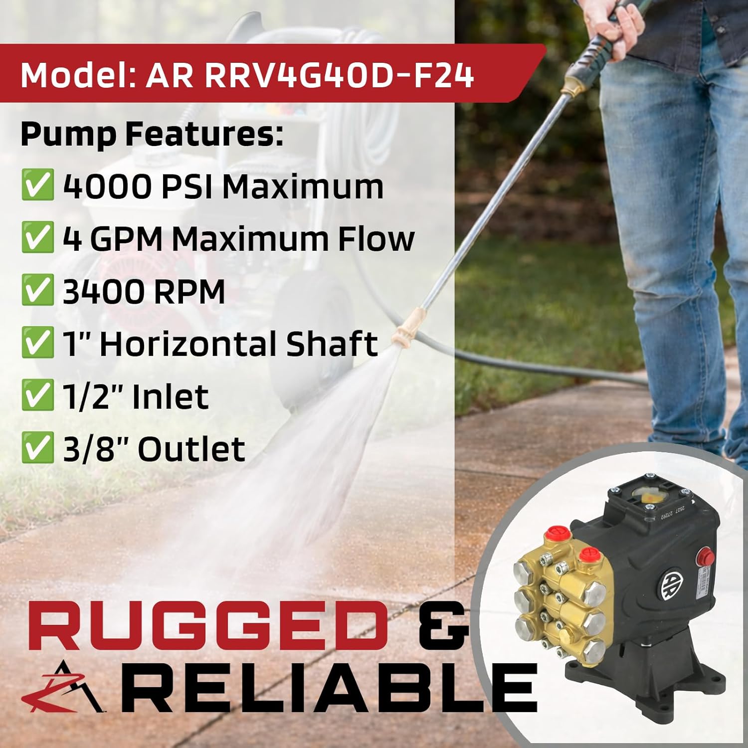 The ROP Shop OEM AR 1" Shaft 4000 PSI Horizontal Pressure Washer Pump RRV4G40HD-F24, RRV4G40HDF24