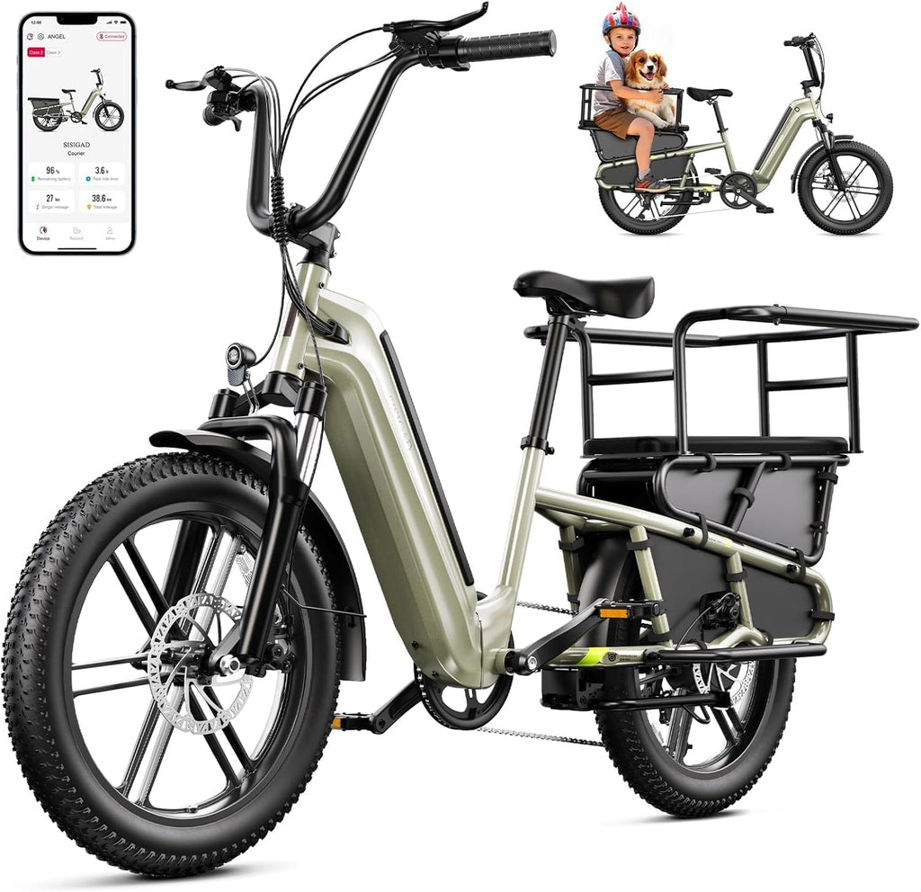SISIGAD Family Electric Bike with Child Seat - Peak 1500W Motor, 20" Fat Tire Ebike, 48V 15Ah Removable Battery, Step-Through Frame, Dual Hydraulic Brakes .LCD & APP Control, UL 2849 Certification