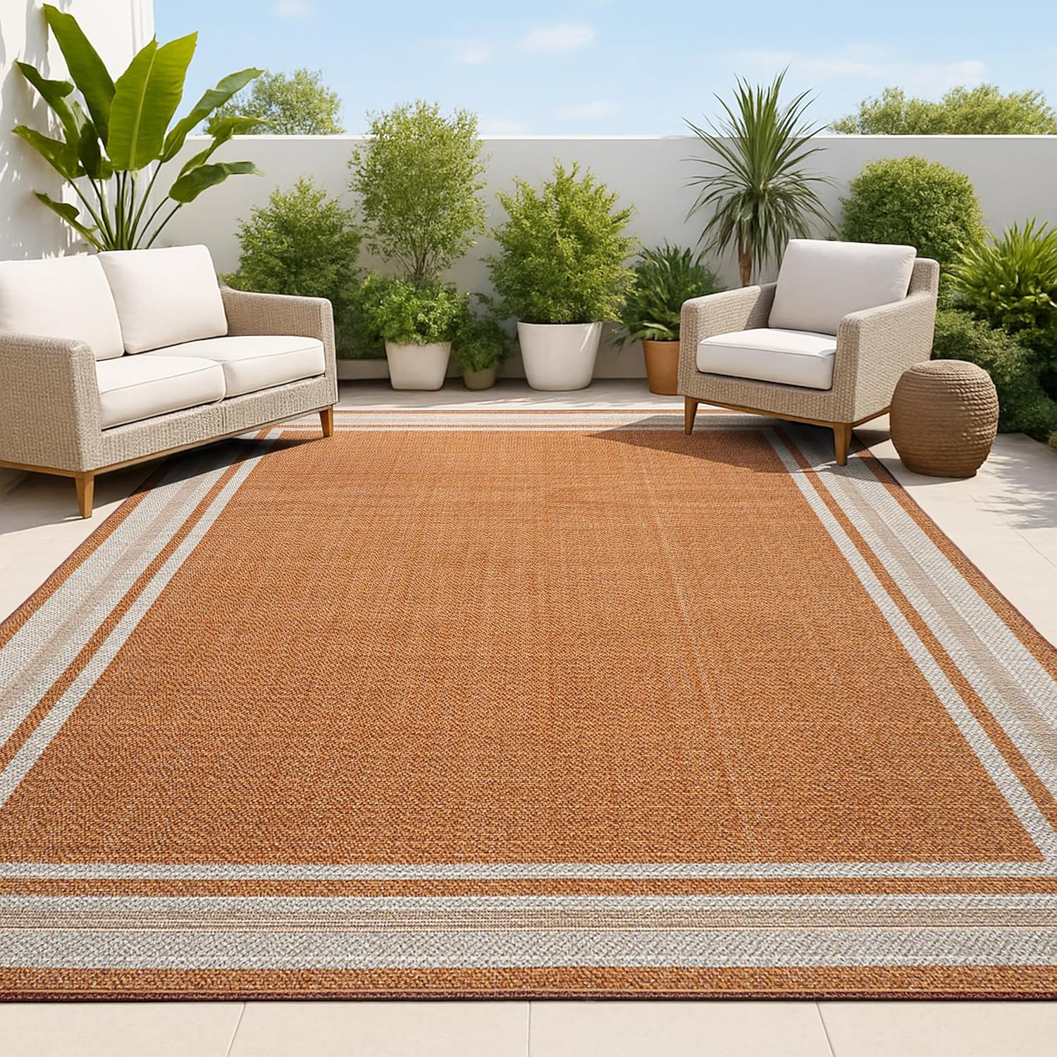 JONATHAN Y Border Stripe Indoor Outdoor Area Rug 8X10 Orange/Cream, James Modern for Backyard, Patio, Porch, Easy-Cleaning, High Traffic, Pet-Friendly, Non-Shedding (SMB201D-8)