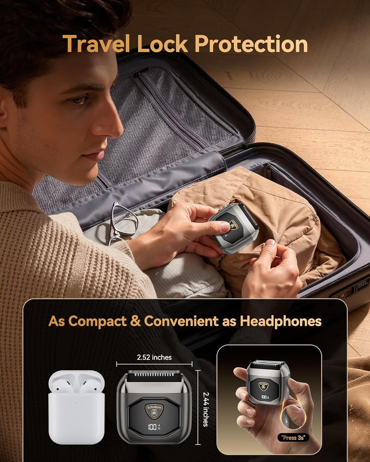 Full Metal Electric Foil Shaver for Men: 4 Floating Blades, IPX7 Waterproof Wet & Dry Mini Razor, 120-Min Runtime USB-C Rechargeable, Quiet Travel Groomer with LED Display & Travel Lock