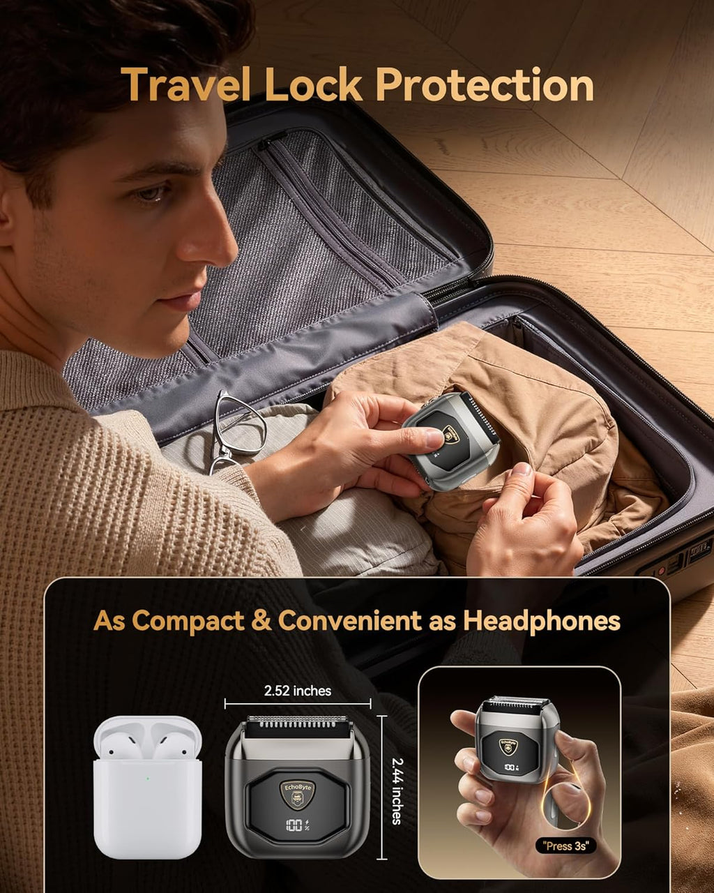 Full Metal Electric Foil Shaver for Men: 4 Floating Blades, IPX7 Waterproof Wet & Dry Mini Razor, 120-Min Runtime USB-C Rechargeable, Quiet Travel Groomer with LED Display & Travel Lock