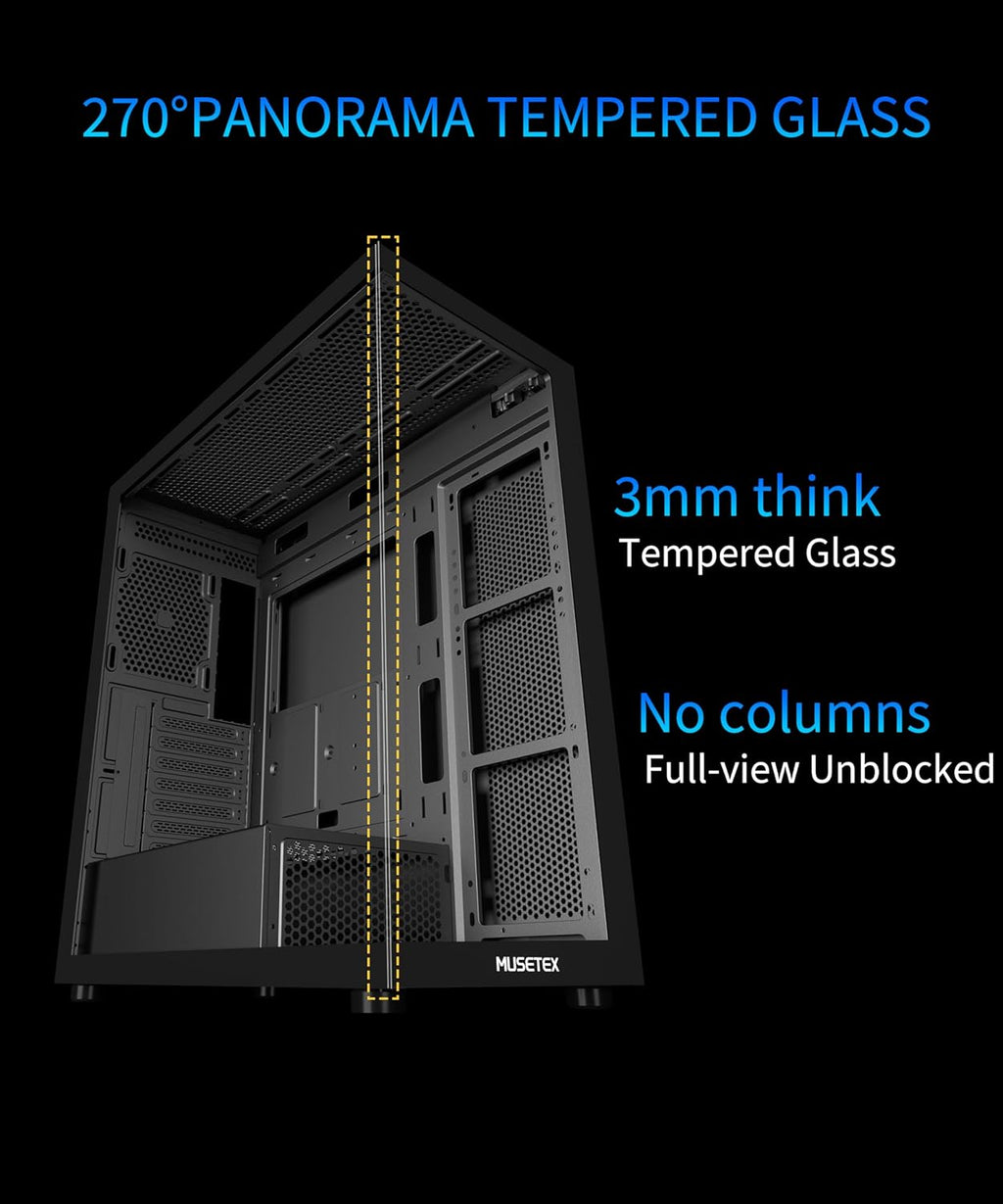 MUSETEX ATX PC Case 7 PWM ARGB Fans Pre-Installed, Type-C Mid Tower Computer Case with Full-View Dual Tempered Glass, Gaming PC Case, Black(K2)