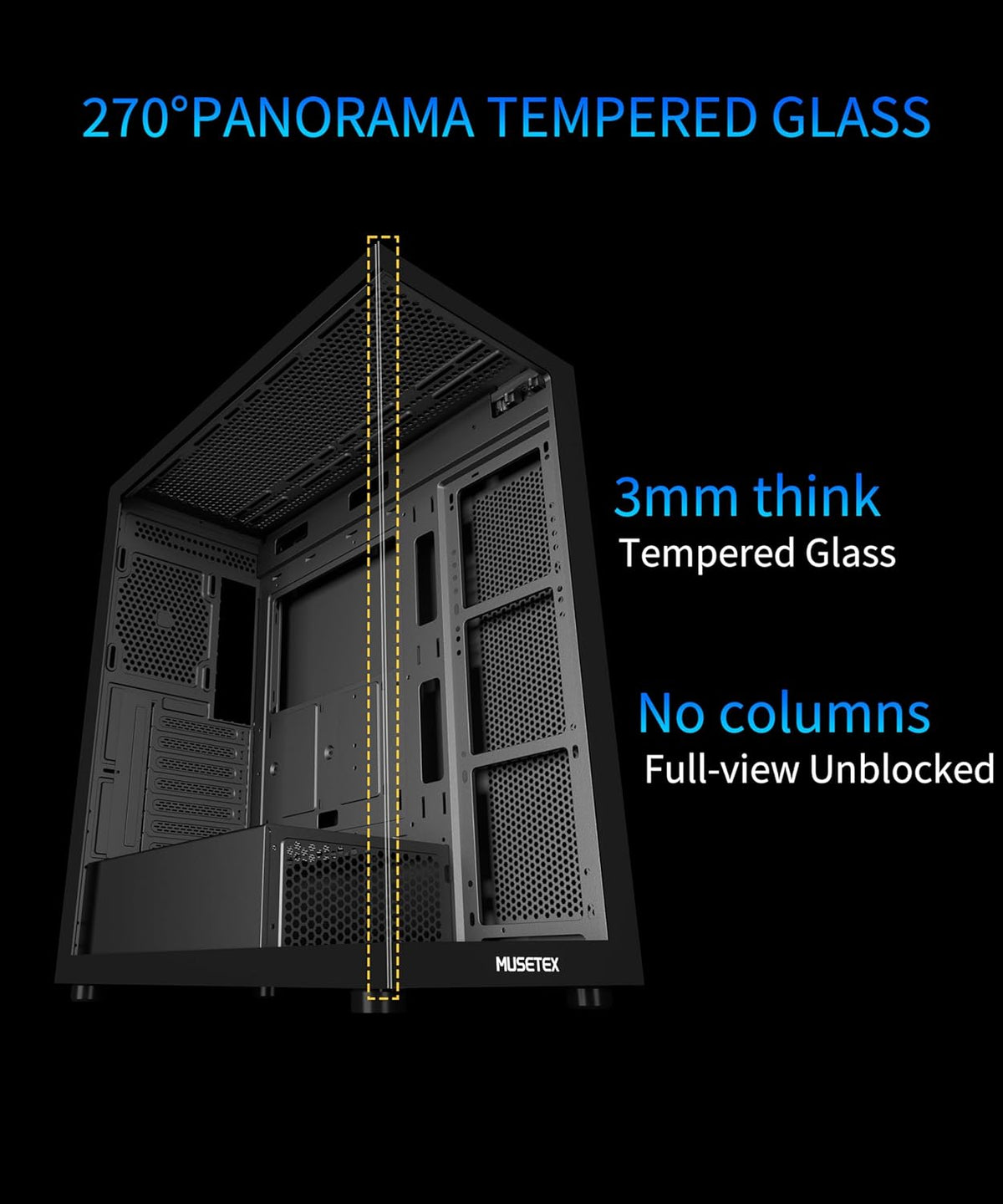 MUSETEX ATX PC Case 7 PWM ARGB Fans Pre-Installed, Type-C Mid Tower Computer Case with Full-View Dual Tempered Glass, Gaming PC Case, Black(K2)