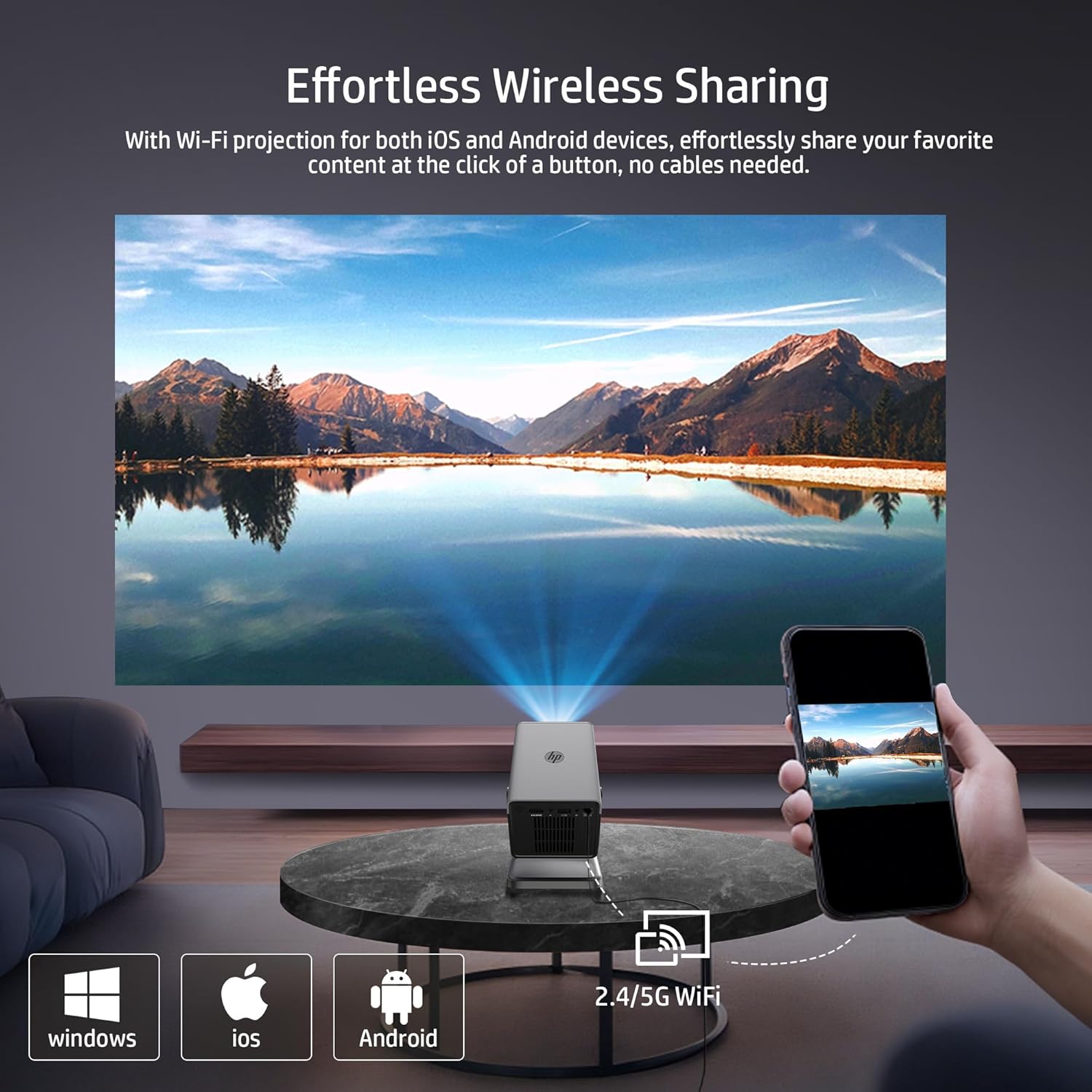 HP MC450 Smart Mini Portable Projector with WiFi & Bluetooth, Official Licensed Apps, Short Throw Projector with 4K Support, Voice Control, USB-C, Movie Projector for Bedroom & Outdoor