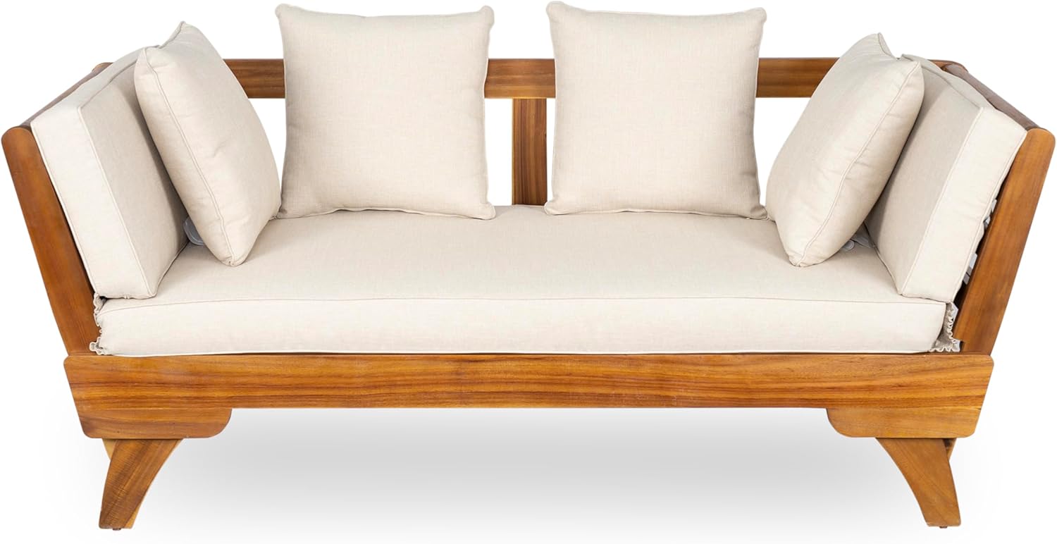 Christopher Knight Home Gary Patio Convertible Couch, Wooden Outdoor Daybed, 3-Seater Acacia Wood Patio Furniture Lounge Sofa for Backyard/Poolside/Garden, Back Pillow+Removable Cushion, Teak+ Beige