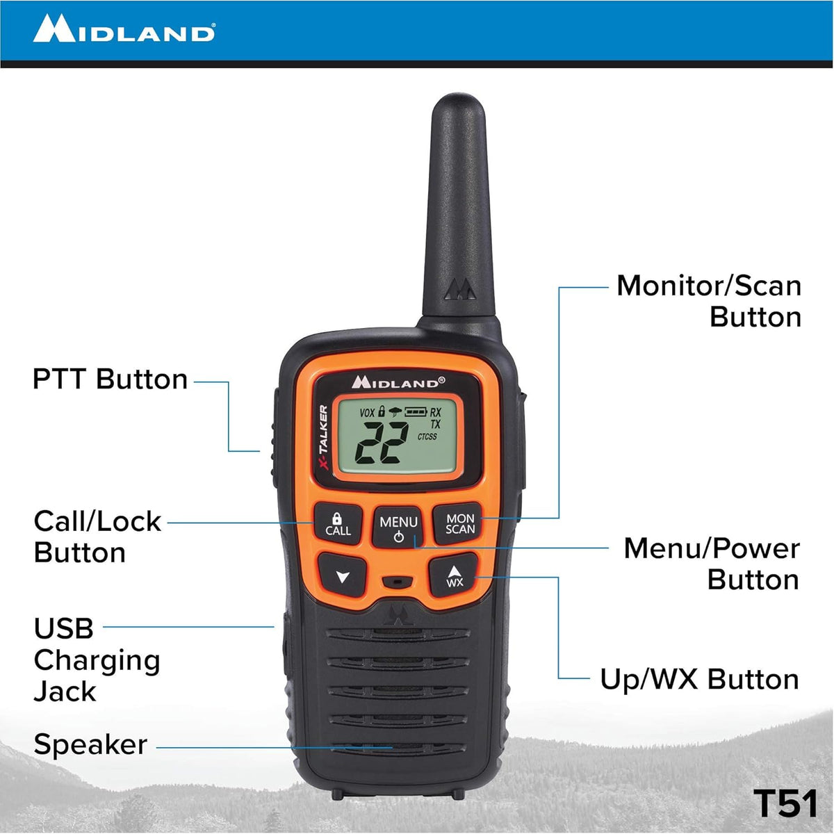 Midland T51VP3 22 Channel FRS Walkie Talkie - Up to 28 Mile Range Two-Way Radio - Orange/Black (Pack of 10)