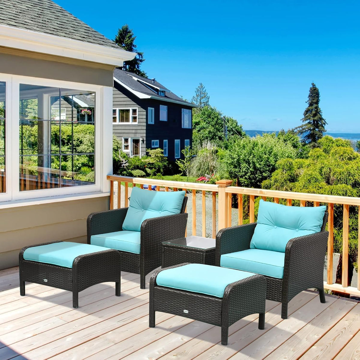 Outsunny 5 Pieces Rattan Wicker Lounge Chair Outdoor Patio Conversation Set with 2 Cushioned Chairs, 2 Ottomans and Tempered Glass Top Coffee Table, Brown/Blue