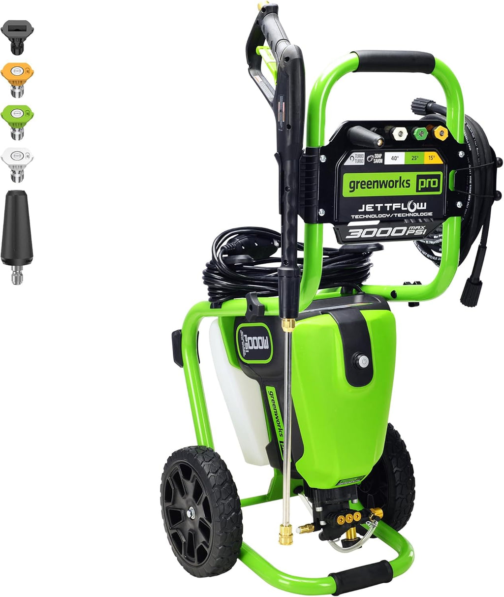 Greenworks 3000 PSI (2.0 GPM Max) Brushless Electric Pressure Washer, Steel Wand, On-Board Soap Tank (15°, 25°, 40°, Soap, and Turbo Nozzle)