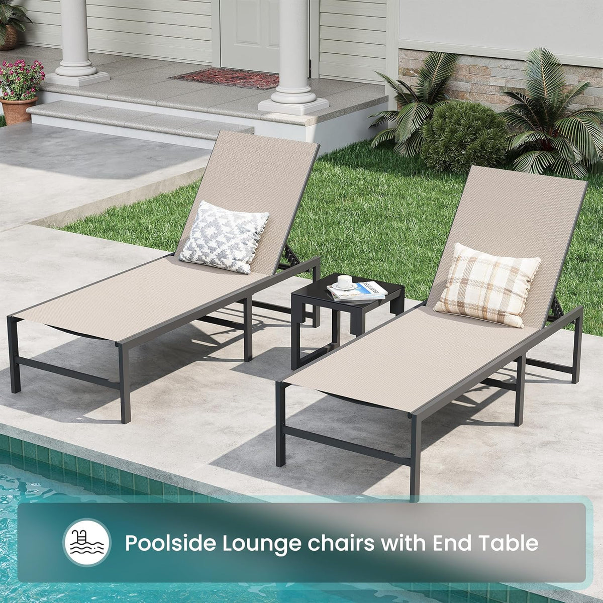 Amopatio 3 Piece Patio Lounge Chair Set Adjustable Lounge Chairs Set of 2 with Side Table for Poolside Weather Resistant Outdoor Chaise Lounge for Backyard Beach, 400 LBS Capacity(Khaki)