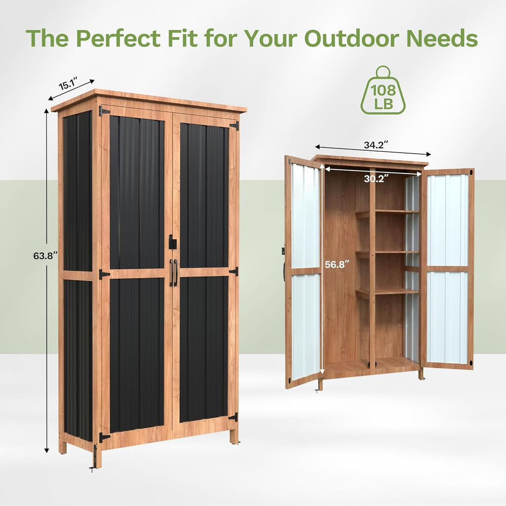 Greesum Outdoor Storage Cabinet with 3 Adjustable Shelves, Wood & Metal Garden Storage with Lockable Doors, Tall Weatherproof Shed for Tools, Lawn Equipment, Pool Accessories, Black
