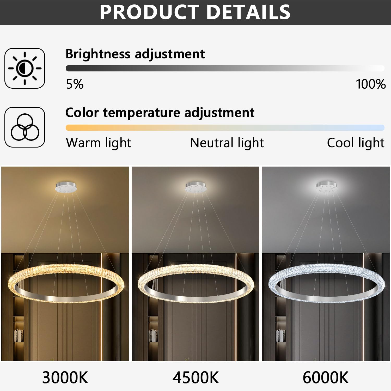 40" 1 Ring Crystal Chandelier Modern LED Dimmable Ring Pendant Light Chandelier for Dining Room Living Room Silver