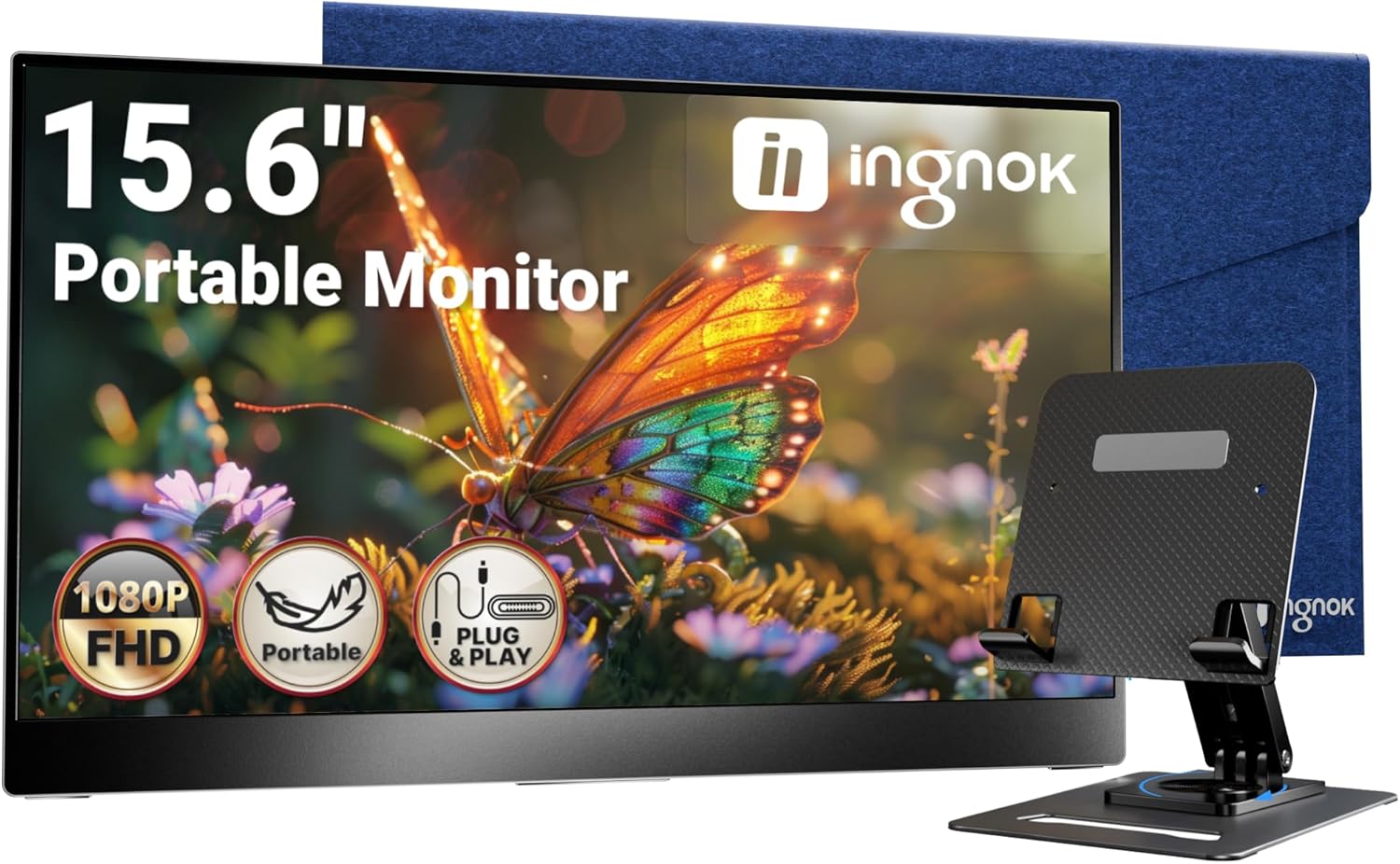 Ingnok Portable Monitor, Ultra Slim 15.6 Inch FHD IPS Laptop Screen Extender with Adjustable Stand, USB C Compatible, Ideal for Travel and Office