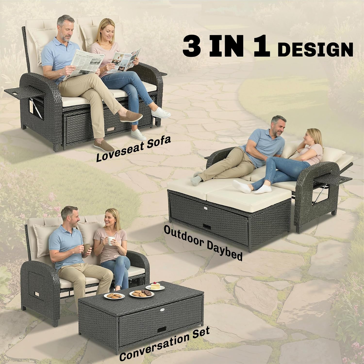 Outsunny Patio Rattan Daybed, Wicker Outdoor Daybed with Storage Ottoman, Loveseat Sofa with Adjustable Backrest, Side Tables, Cushions, Headrests, Double Sunbed Lounger for Balcony, Beige